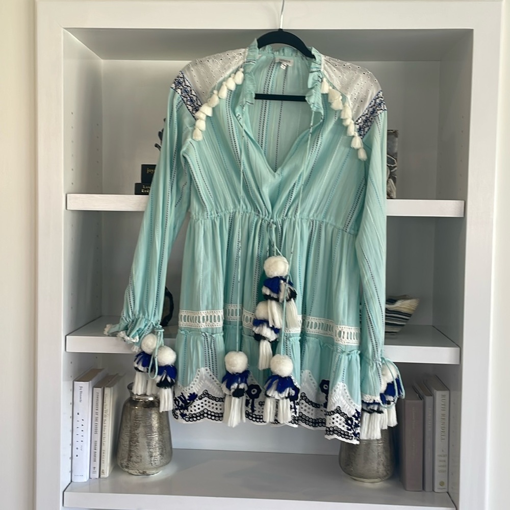 Hemant & Nandita size small cinch waist tassle aqua dress